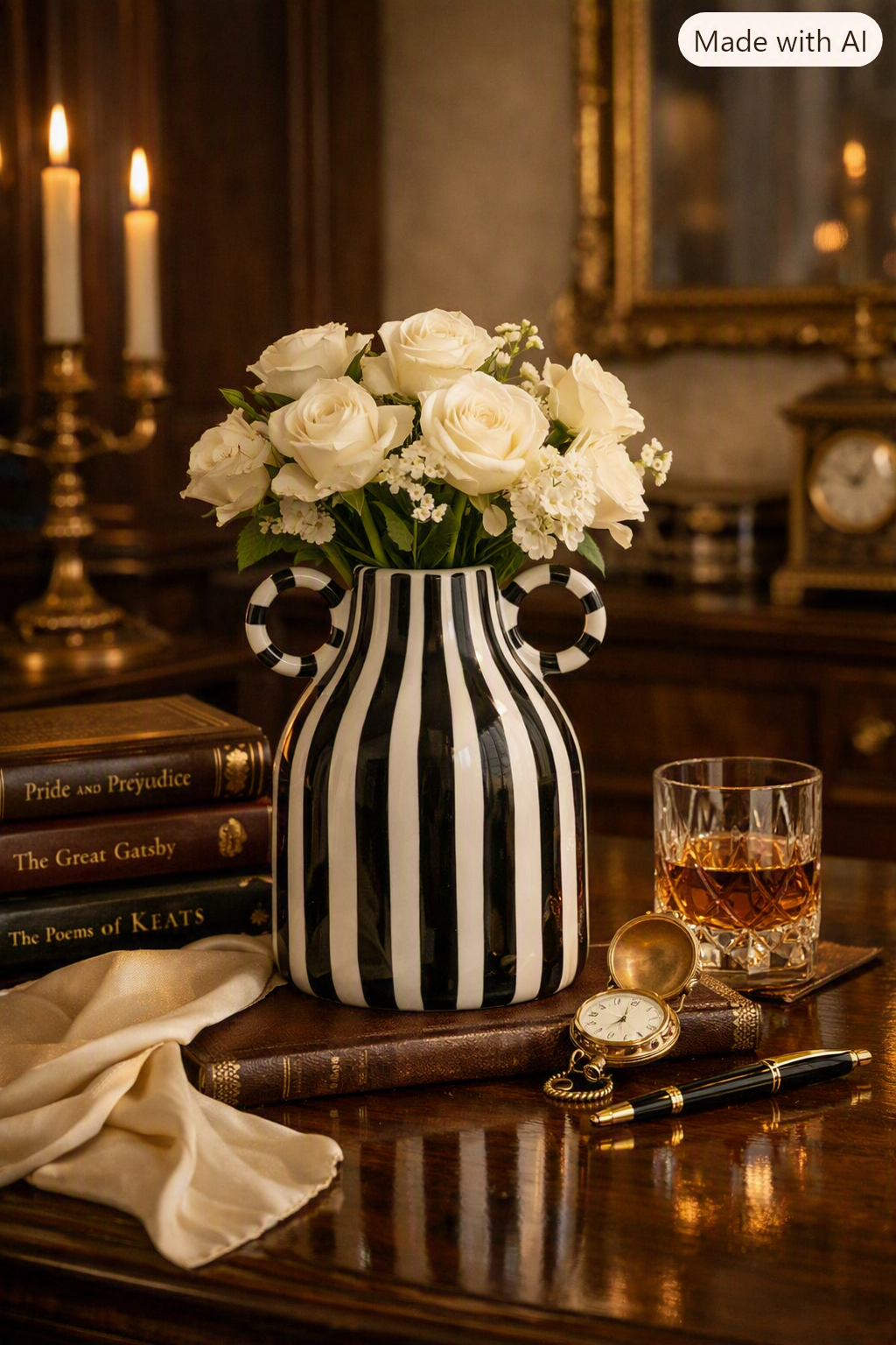 Hand drawn dual ear striped niche ceramic vase dining table flower arrangement ornament large belly simple floral ware
