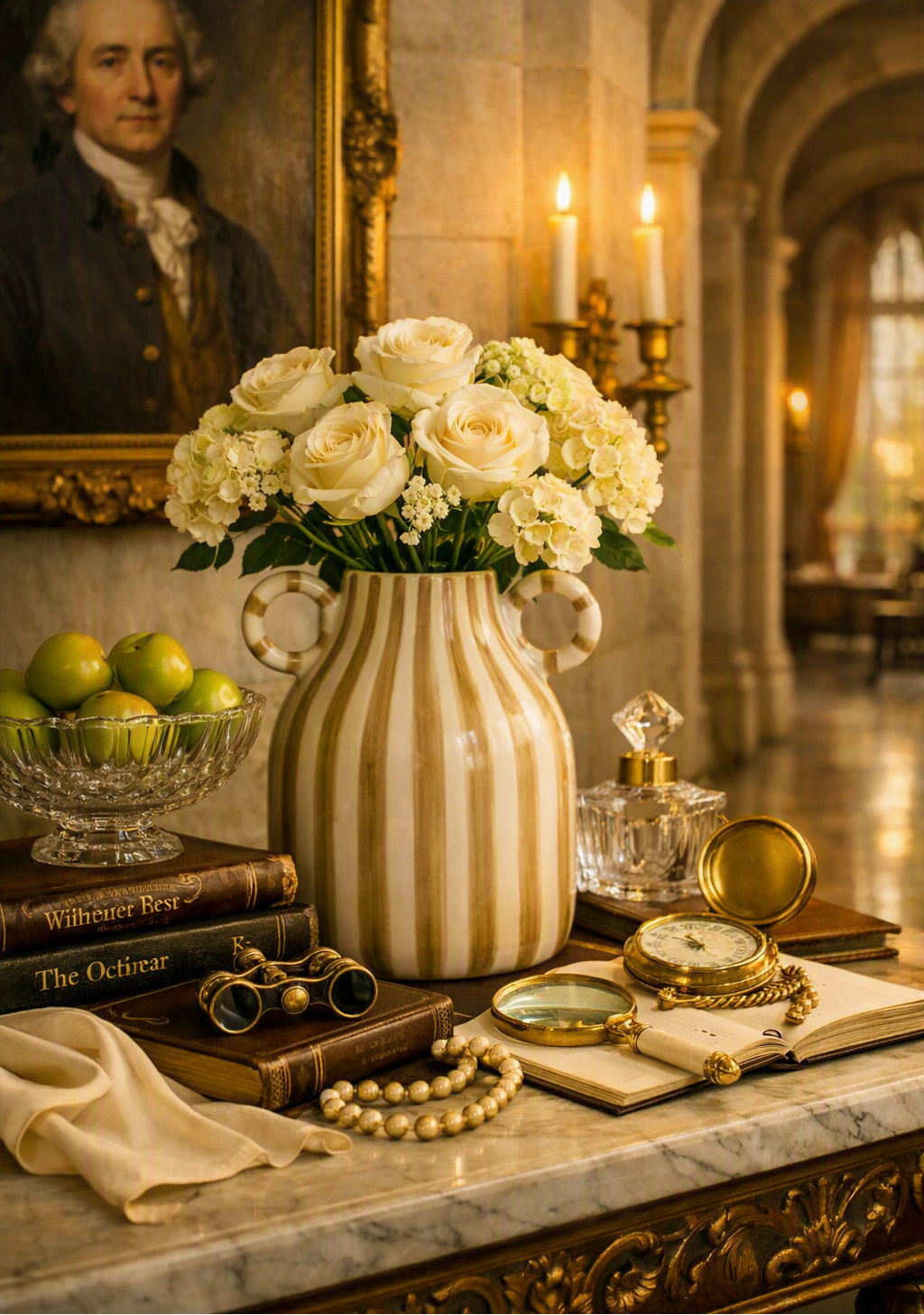 A vintage-style cream and beige striped ceramic vase filled with white roses and green foliage, displayed on a marble console table in an ornate interior with candles, books, pearls, and gold accessories.