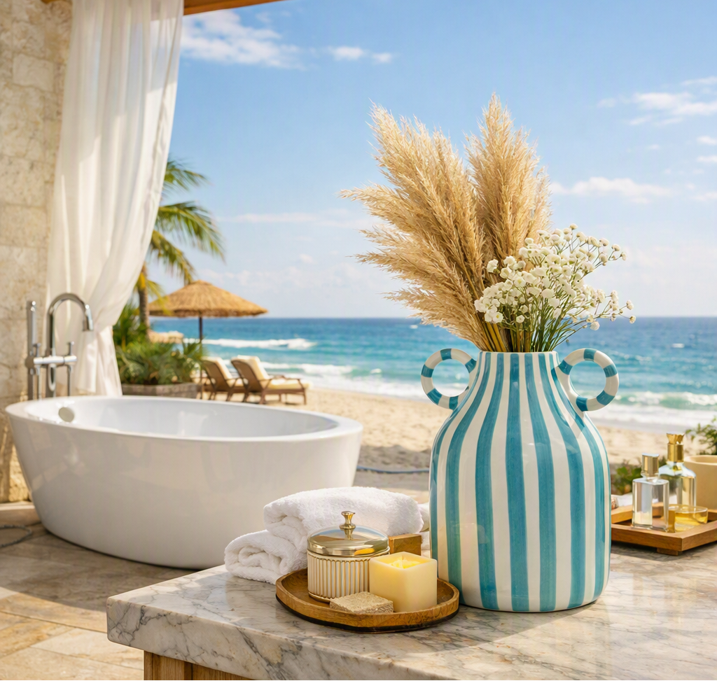 A turquoise and white vertically striped ceramic vase filled with pampas grass and small white flowers sits on a marble bathroom counter. A white freestanding tub, towels, candles, and toiletries are nearby, with a beach and ocean visible in the background.