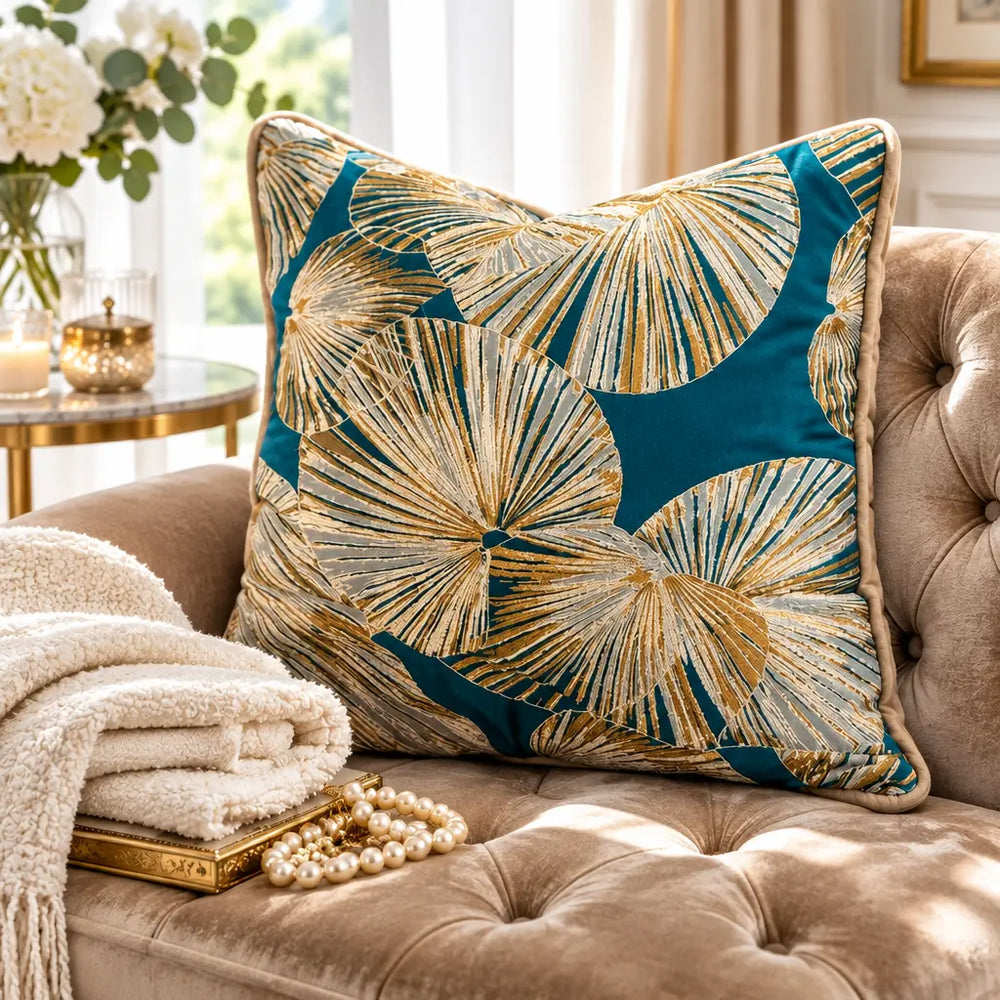 A split-screen lifestyle image showing a decorative throw pillow with a teal and beige palm leaf pattern styled on a tufted sofa in a warm, elegant living room setting.