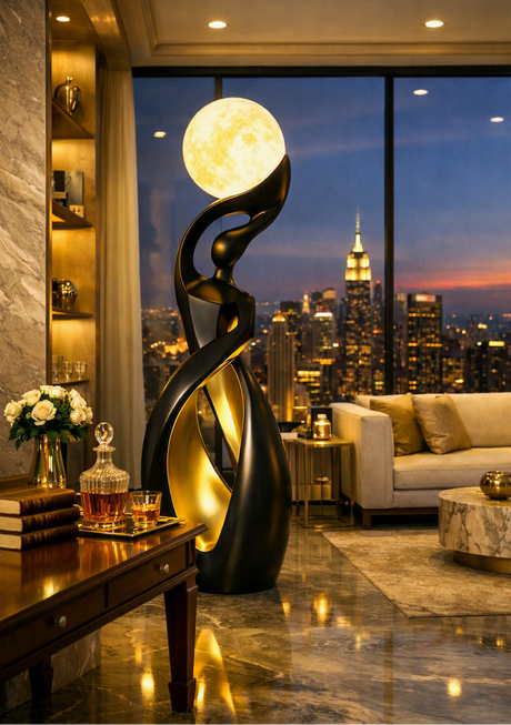 A modern abstract floor lamp featuring a glowing moon-like sphere on a curved black and gold sculptural base, placed in a luxurious living room with a city skyline view at dusk.