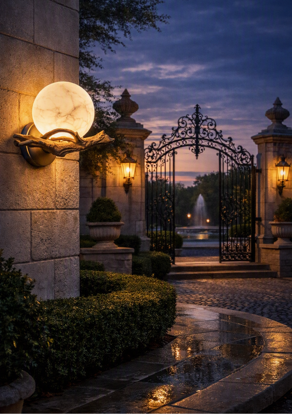 A decorative outdoor wall sconce with a glowing round stone-like globe mounted on a stone pillar beside a wrought-iron gate at dusk. The scene includes a lit pathway, trimmed hedges, and a fountain visible through the gate in the background.
