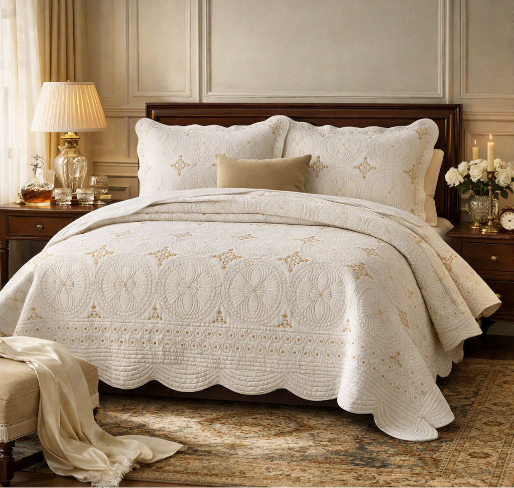 An elegant cream-colored quilted bedspread with scalloped edges and embroidered circular medallions, styled on a wooden bed frame in a classic bedroom setting with matching pillows and bedside tables.