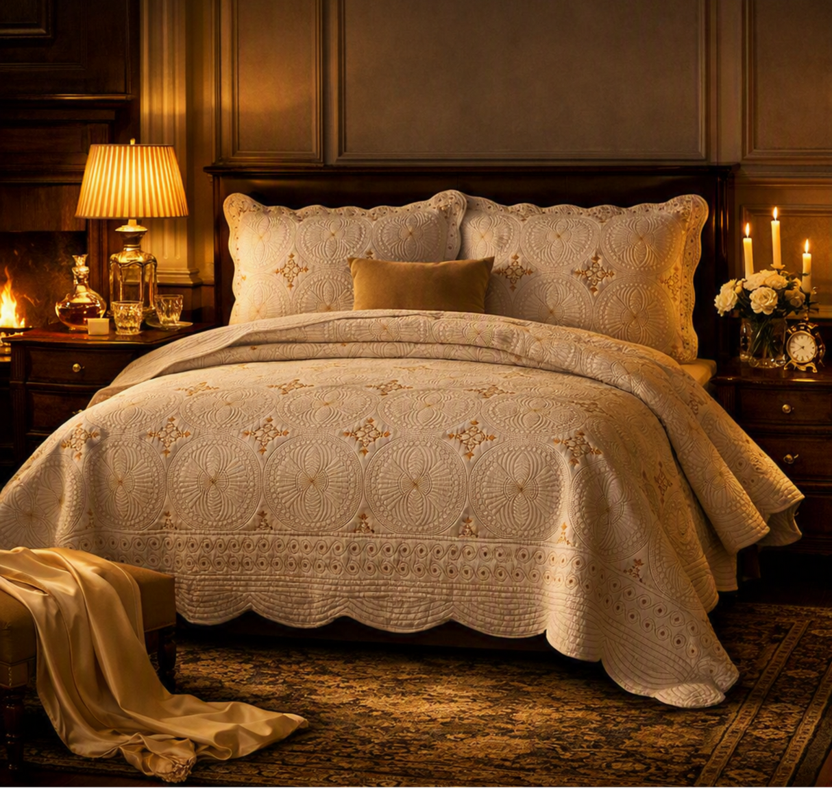 An ornate quilted bedding set in a warm cream or beige tone with embroidered circular patterns and scalloped edges, styled on a bed in a richly decorated bedroom with lit lamps, candles, and wood paneling. A small 'Made with AI' badge appears in the top-right corner.