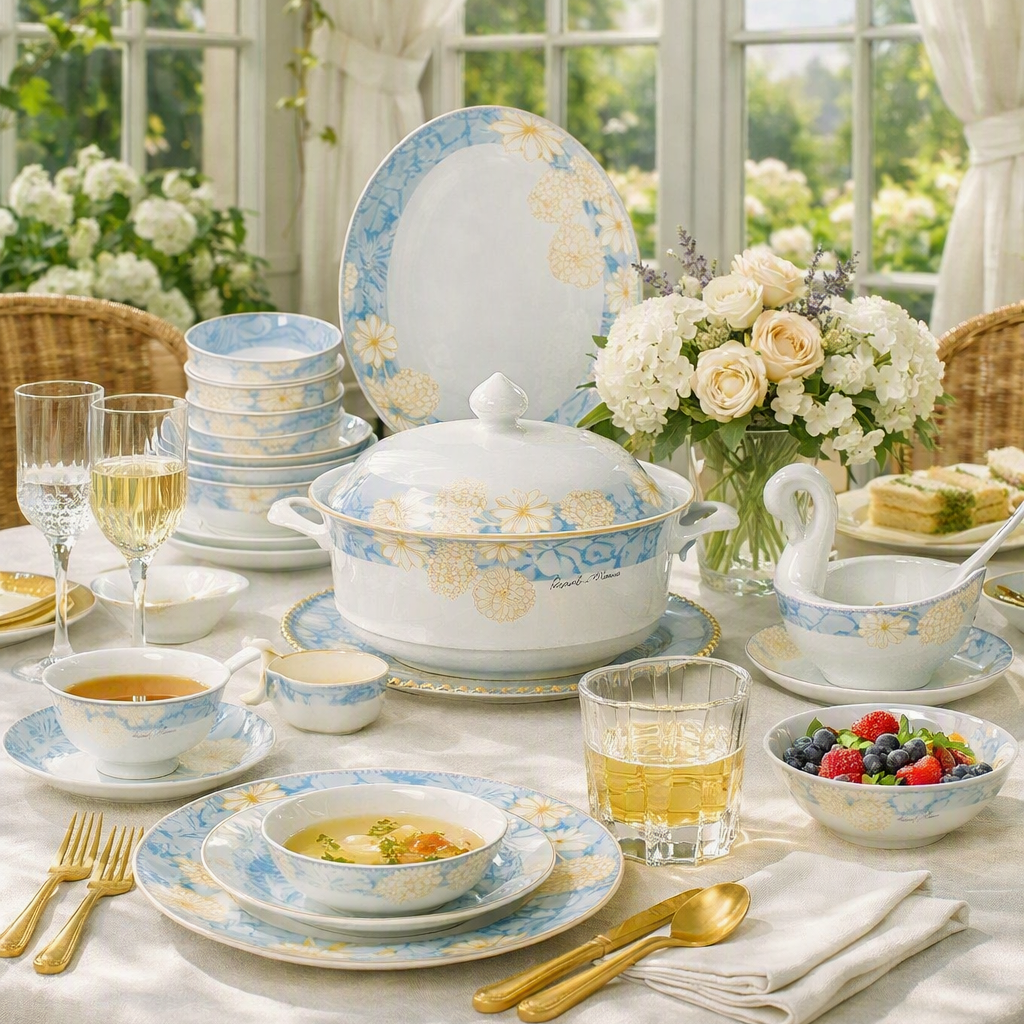 A beautifully arranged dining table set with a white ceramic tureen, plates, bowls, and glassware decorated with delicate blue and gold floral patterns. The scene is set in a bright sunlit room with large windows, white curtains, and a bouquet of white and pale yellow roses on the tablecloth.