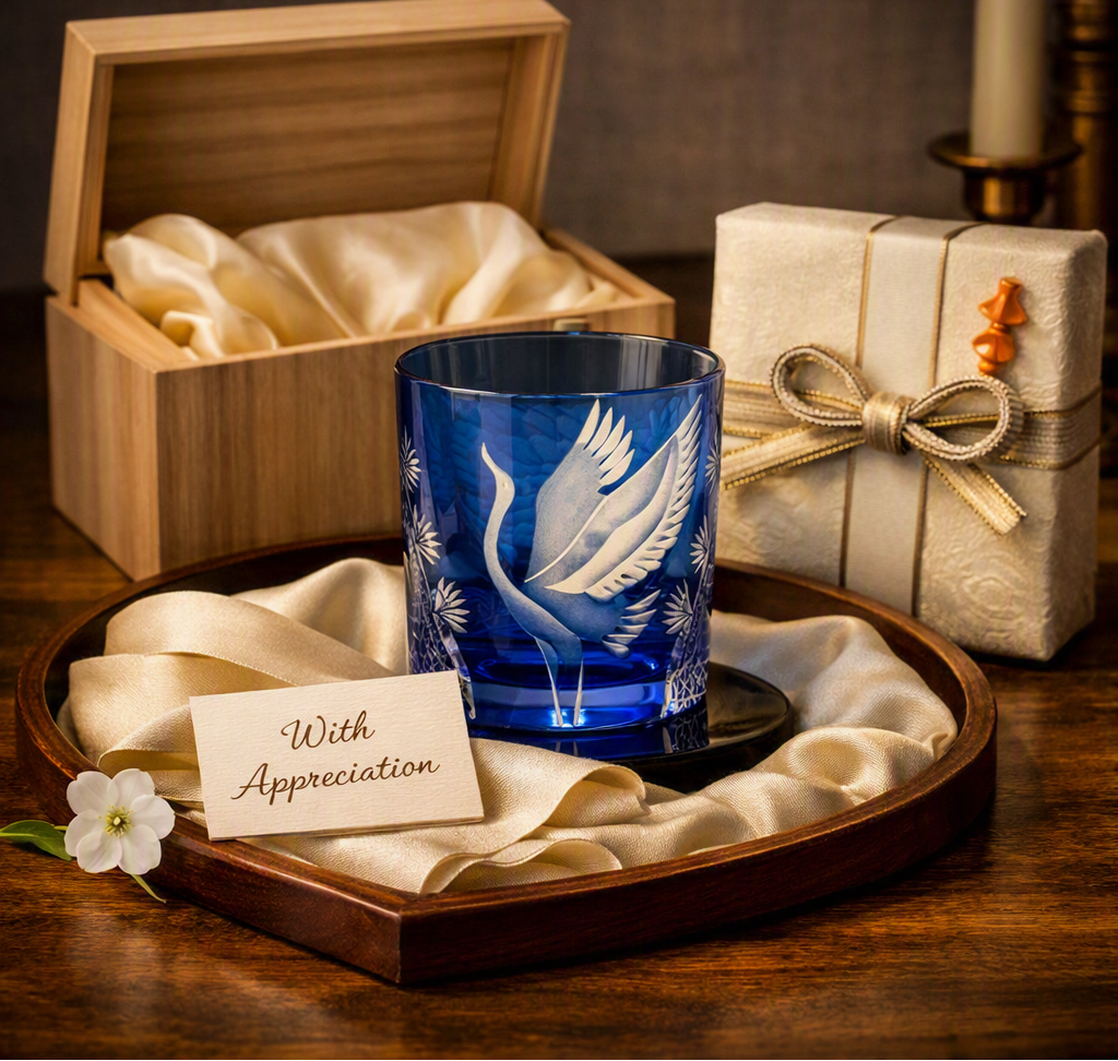 A blue glass candle holder with an etched white crane design, presented on a wooden tray with cream satin lining and a small card reading 'With Appreciation.' A wooden gift box and a wrapped gift box with a ribbon are visible in the background on a wooden table.