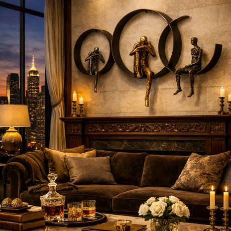 A luxurious living room scene featuring a dark brown velvet sofa with matching pillows, a wooden mantel with gold accents, and a large wall-mounted circular sculpture with three seated human figures. A city skyline is visible in the background through a window at dusk.