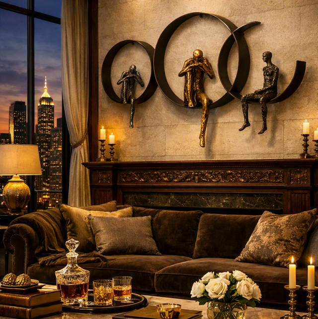 A luxurious living room scene featuring a dark brown velvet sofa with matching pillows, a wooden mantel with gold accents, and a large wall-mounted circular sculpture with three seated human figures. A city skyline is visible in the background through a window at dusk.