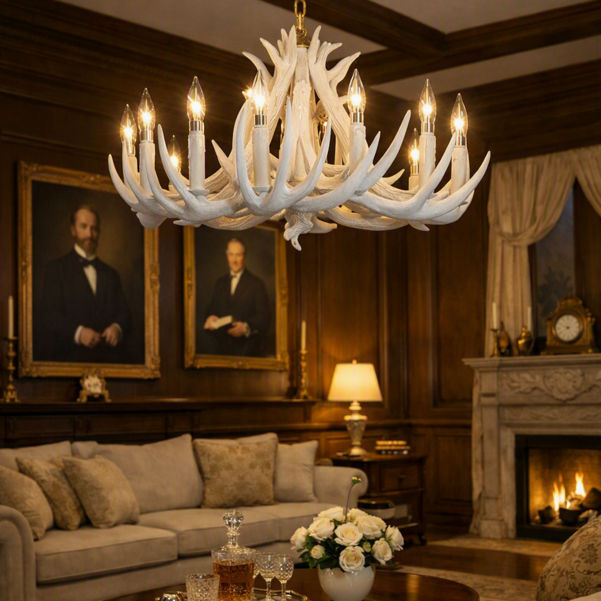 A large white antler-style chandelier with multiple lit candle bulbs hangs in a warm, traditional living room with wood paneling, a fireplace, and upholstered seating. A small 'Made with AI' label appears in the top right corner.
