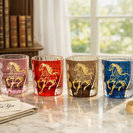 Four decorative drinking glasses with gold horse designs, shown in pink, red, brown, and blue glass on a marble tabletop in a styled interior setting.