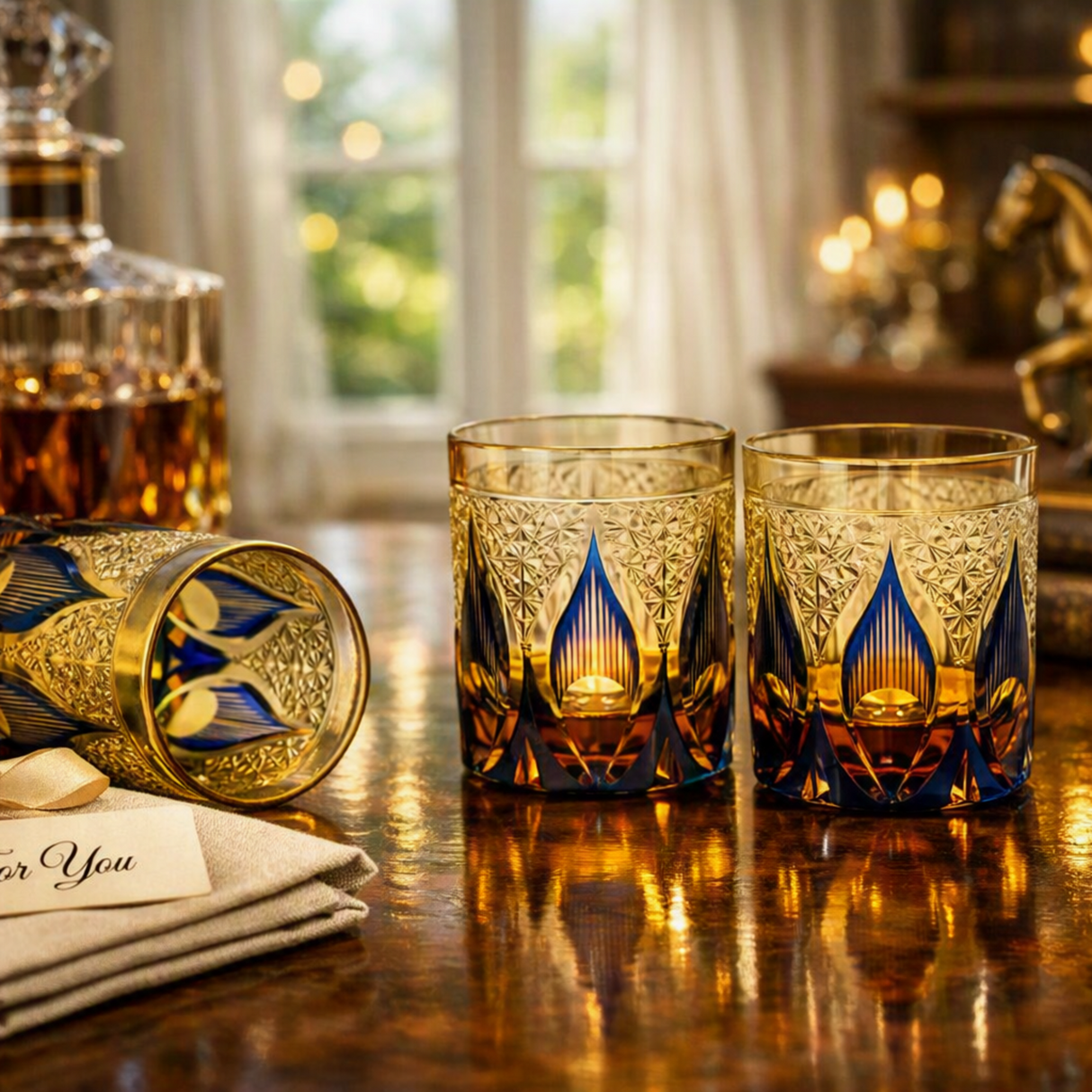Two ornate cut-glass whiskey tumblers with gold and blue patterns are displayed on a polished wooden table, alongside a matching decanter, folded napkins, candles, books, and a horse figurine in a warm, elegant interior setting.