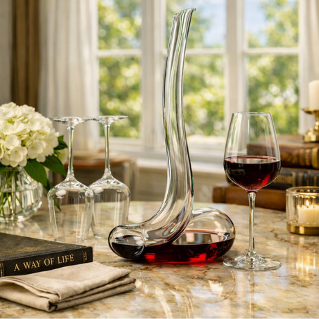 A clear glass wine decanter with a curved neck and matching wine glass filled with red wine, styled on a marble table with wine glasses, flowers, books, and a candle in a bright room.