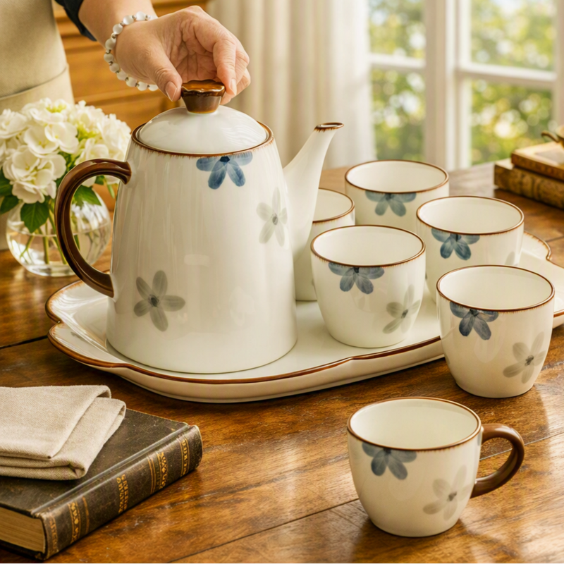 A ceramic tea set with a teapot, tray, and matching cups decorated with blue and gray floral patterns, set on a wooden table in a bright room. A hand is visible holding the teapot lid, and books, flowers, and a window are in the background.