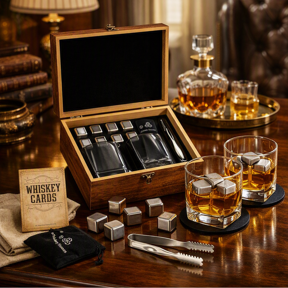 Luxury Wooden Whiskey Tasting Set with Chilling Stones