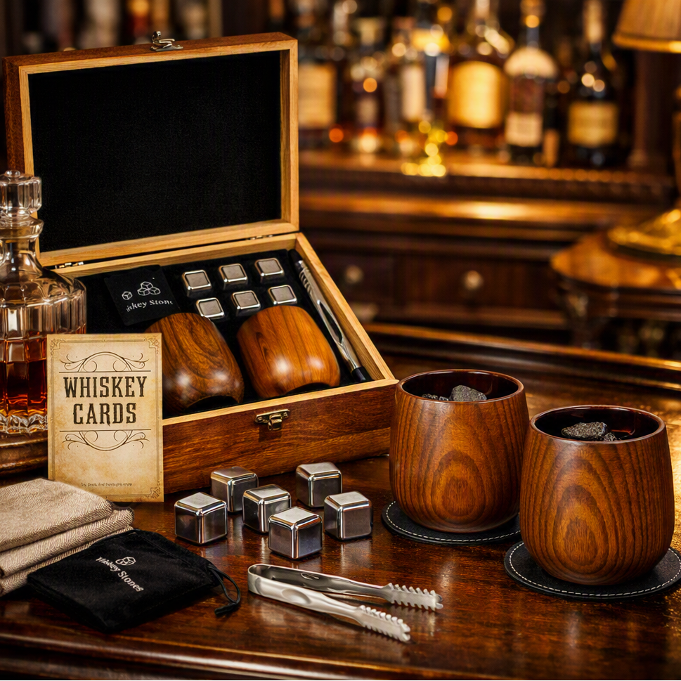 Luxury Wooden Whiskey Tasting Set with Chilling Stones