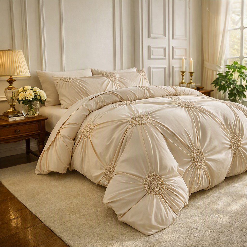 Brushed Duvet Cover Set With Button Detailing And Pleated Ruffles