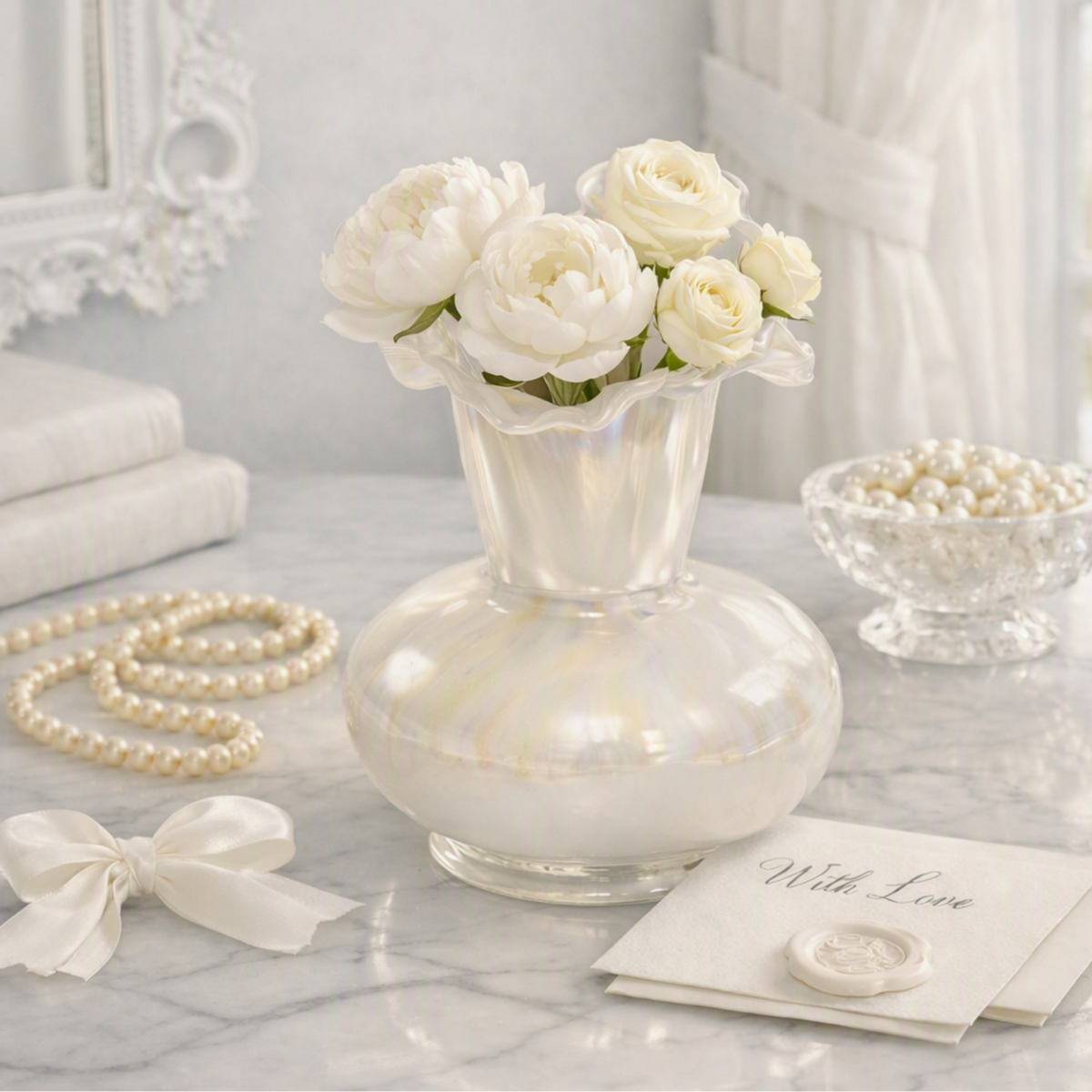 A white iridescent glass vase filled with white peonies, styled on a marble tabletop with pearl strands, a small bowl of pearls, a cream ribbon bow, and a card with a wax seal in a bright, elegant interior setting.