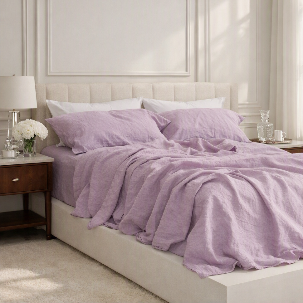 A bed dressed in light lavender bedding, including a duvet cover and two matching pillows, styled in a bright, modern bedroom with a cream upholstered headboard, wooden nightstands, and a window with sheer curtains.