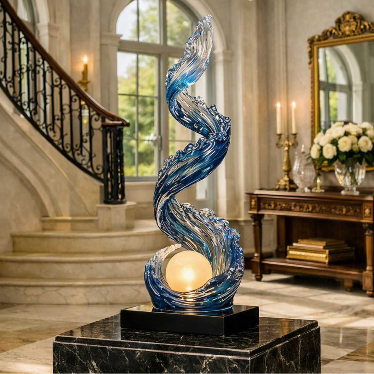 Grand Foyer Sculptural LED Floor Lamp in Gray Blue