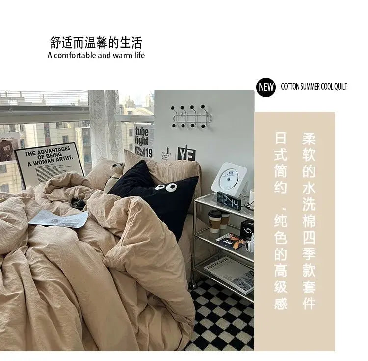 Ins washed cotton solid color four-piece suit can sleep naked in student dormitory 4 three-piece quilt cover - Julia M LifeStyles
