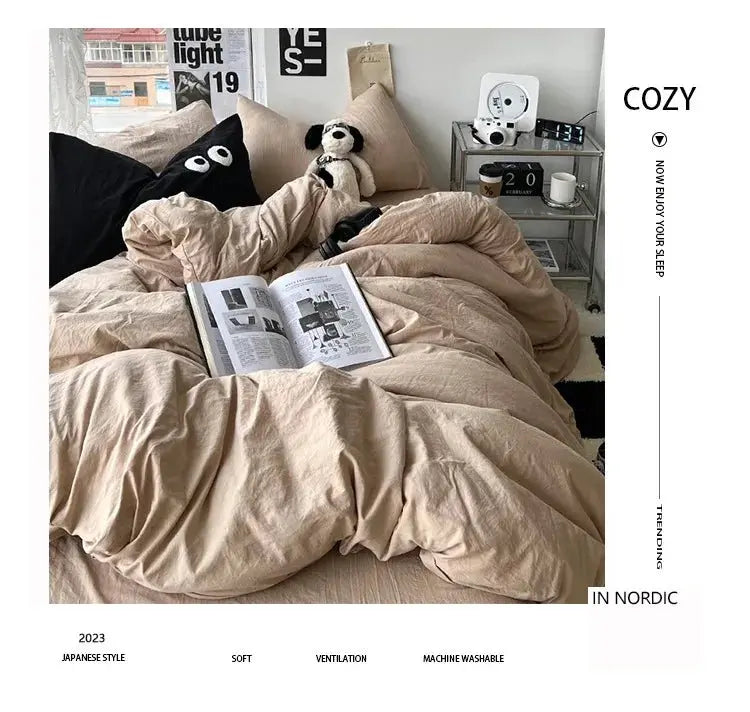 Ins washed cotton solid color four-piece suit can sleep naked in student dormitory 4 three-piece quilt cover - Julia M LifeStyles