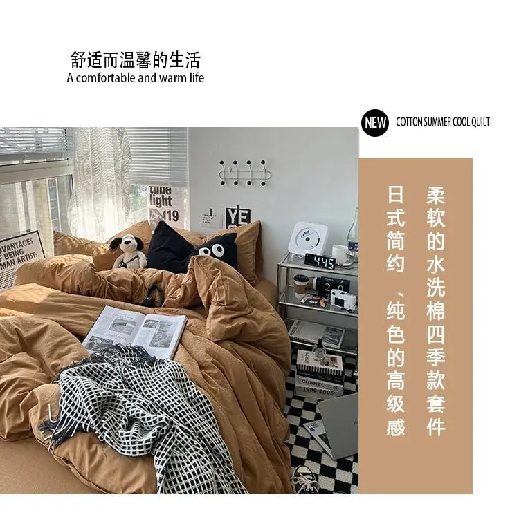 Ins washed cotton solid color four - piece suit can sleep naked in student dormitory 4 three - piece quilt cover - Julia M LifeStyles