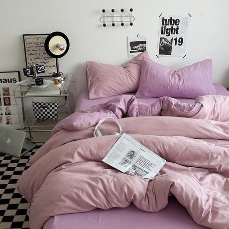Japanese Solid Color Double Spliced Washed Cotton Four-Piece Set Minimalist Style Quilt Cover Bed Sheet Fitted Sheet Dormitory Bedding Three-Piece Set Wholesale