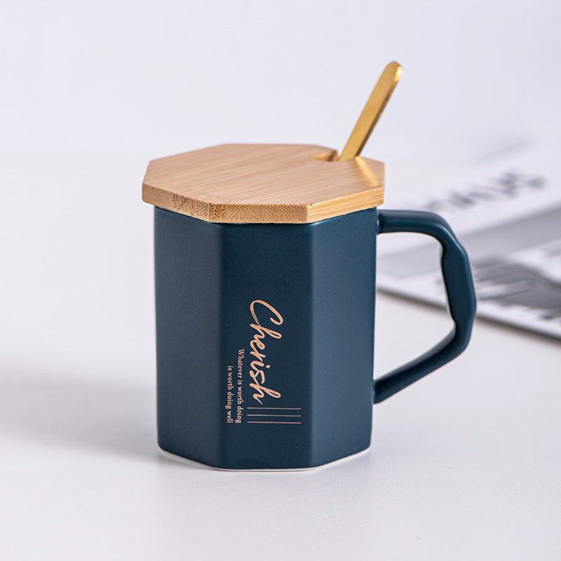 Octagonal Nordic Ins Style Ceramic Cup With Lid Home Office High-End Couple Water Cup