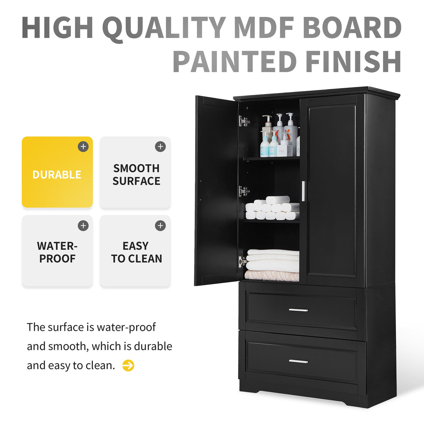 Tall Bathroom Storage Cabinet, Cabinet with Two Doors and Drawers, Adjustable Shelf, MDF Board, Black - Julia M LifeStyles