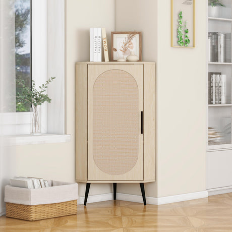 Elegant Natural Rattan Corner Cabinet with Adjustable Shelves and Secure Lock