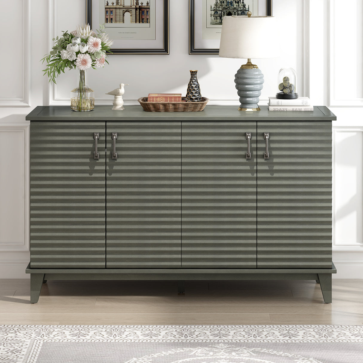 Side panel with 4-door large storage buffet, adjustable shelves and metal handles (antique gray)