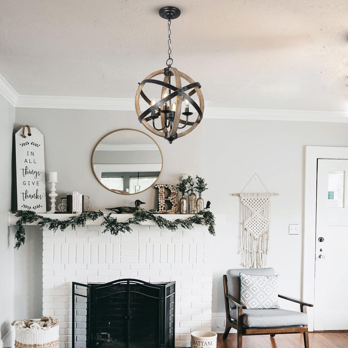 European Style Farmhouse Chandelier - 4-Light Adjustable Rustic Wood Fixture