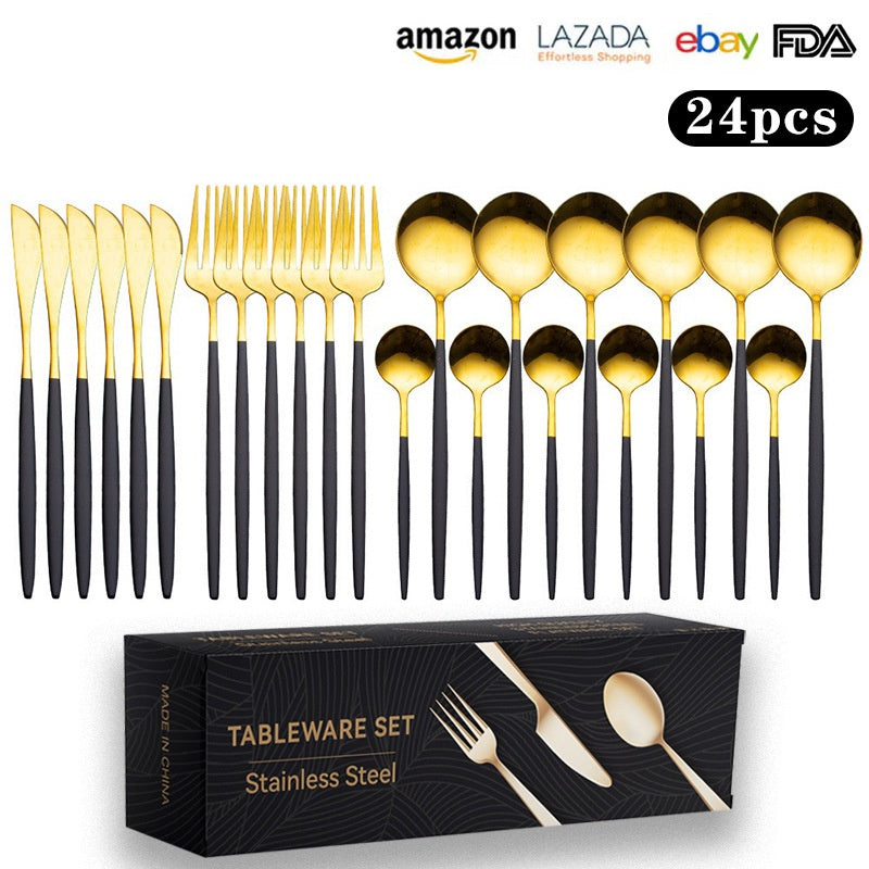 Cutlery Set Stainless Steel Knife Fork Set 24-Piece Tableware Set Golden Steak Knife Fork Spoon 6-Person Set eprolo