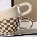 A 300ml ceramic retro couple checkerboard grid small capacity milk white wind mug coffee cups