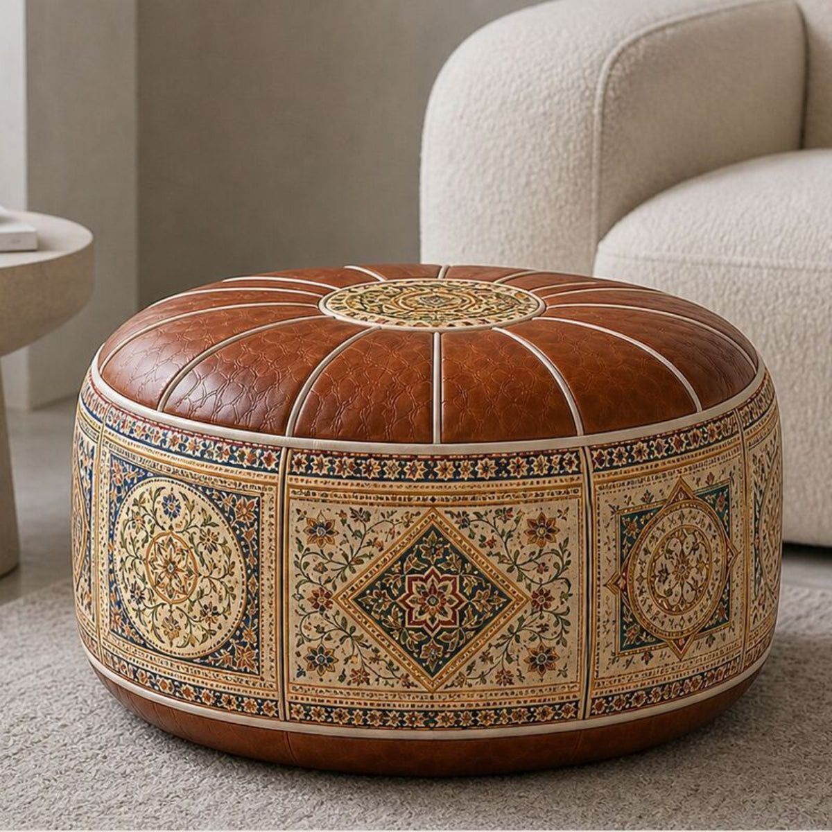 Heritage Floral Storage Ottoman Pouf – Vintage Leather-Style Accent Cover