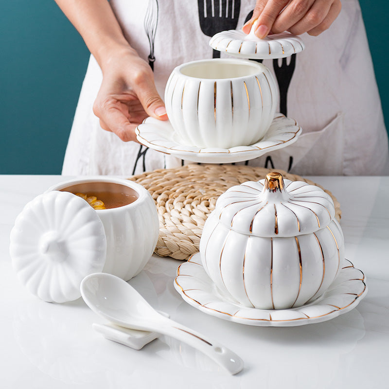 Creative Ceramic Pumpkin Cup, Steamed Egg Cup, Stewed Pot with Cover, Pure White Mini Bird's Nest Cup, Soup Cup - Julia M LifeStyles