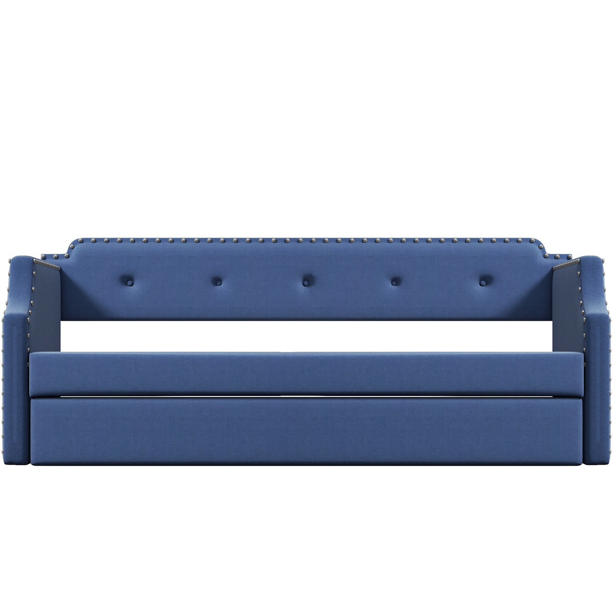 Upholstered Daybed with Trundle, Wood Slat Support,Upholstered Frame Sofa Bed Twin Blue