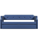 Upholstered Daybed with Trundle, Wood Slat Support,Upholstered Frame Sofa Bed Twin Blue