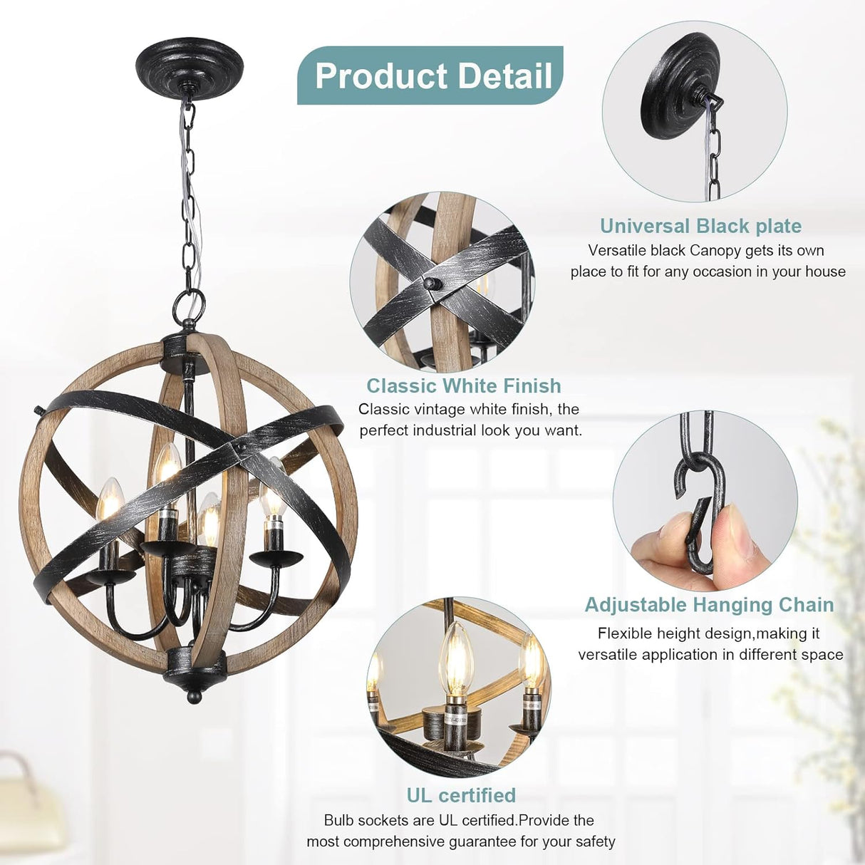 European Style Farmhouse Chandelier - 4-Light Adjustable Rustic Wood Fixture