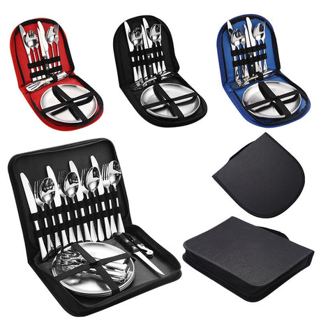 Stainless Steel Tableware Outdoor Camping Western Style Steak Knife Fork Spoon Dinner Plate Set Portable Cloth Bag Set