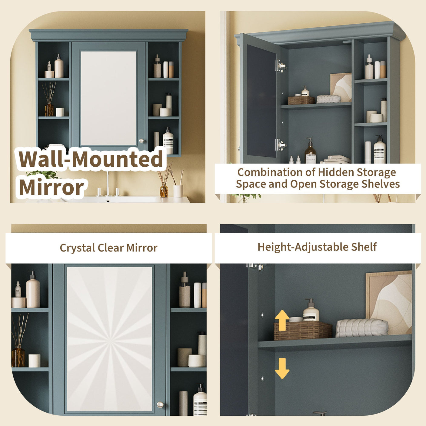 35 ''x 28' 'blue wall mounted bathroom storage cabinet with mirror door and medication cabinet with 6 open shelves Julia M Home & Kitchen