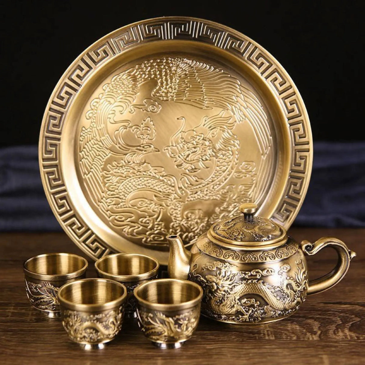Dragon Phoenix 999 Pure Silver Tea Set - Teapot and 4 Cups in Elegant Leather Box - Julia M LifeStyles