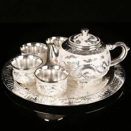 Dragon Phoenix 999 Pure Silver Tea Set - Teapot and 4 Cups in Elegant Leather Box - Julia M LifeStyles