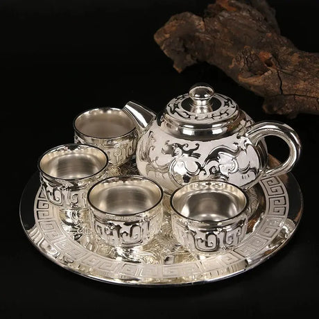 Dragon Phoenix 999 Pure Silver Tea Set - Teapot and 4 Cups in Elegant Leather Box - Julia M LifeStyles