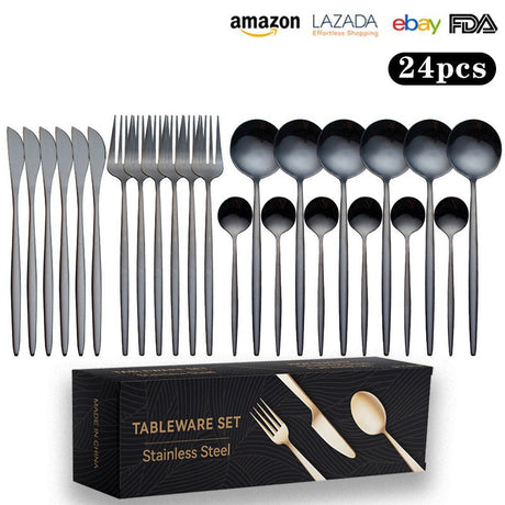 Cutlery Set Stainless Steel Knife Fork Set 24-Piece Tableware Set Golden Steak Knife Fork Spoon 6-Person Set eprolo