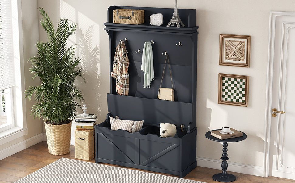Hall tree with storage desk, entrance desk with drawers and 5 hooks, display rack, dark blue