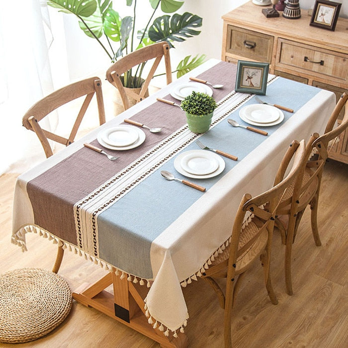 European Style 90x90 cm Decorative Linen Tablecloth with Tassels - Waterproof & Oilproof