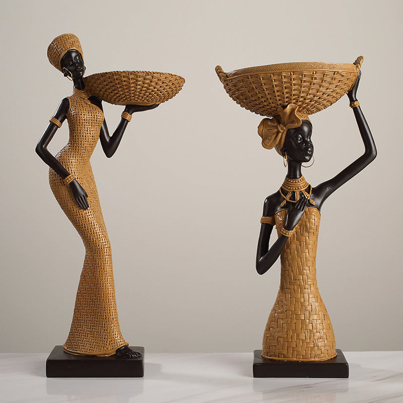 Elegant Golden Resin African Girls' Ethnic Home Sculptures
