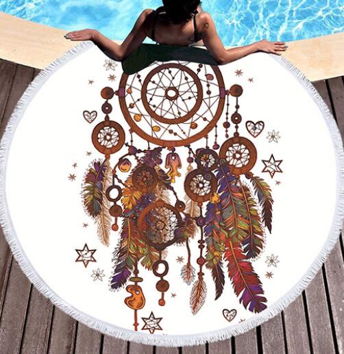 Round  Feather wind chime Beach towel home textile  Beach Towel Tapestry Blanket
