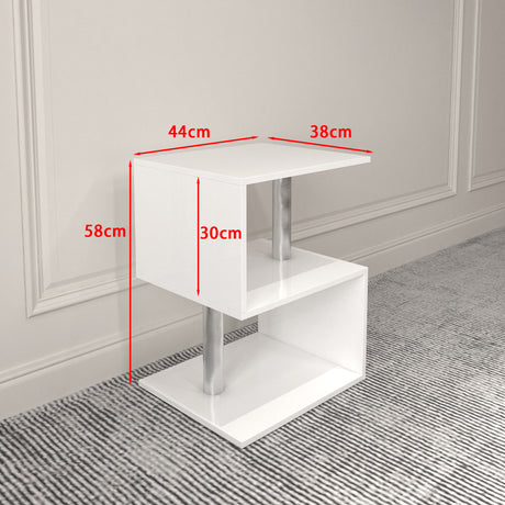 3-layer S-shaped coffee table, high gloss side table with open storage rack and USB power supply, white LED coffee table